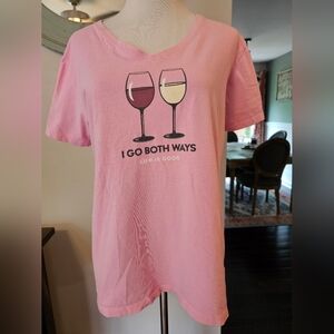 Life Is Good Women’s Size Large V-neck Pink Crusher Tee Wine I Go Both Ways